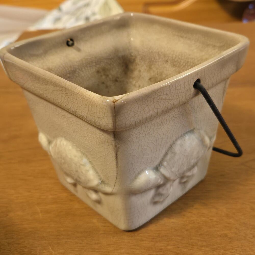 Vintage Turtle Square Ceramic Crackle Glaze Planter Pot With Iron Hook Handle 5" - Picture 2 of 5
